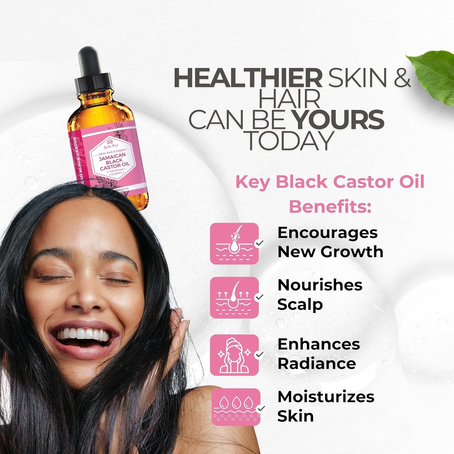 Leven Rose Organic Jamaican Black Castor Oil for Hair Growth, 100% Organic Cold Pressed Hexane Free Black Jamaican Castor Oil 1oz