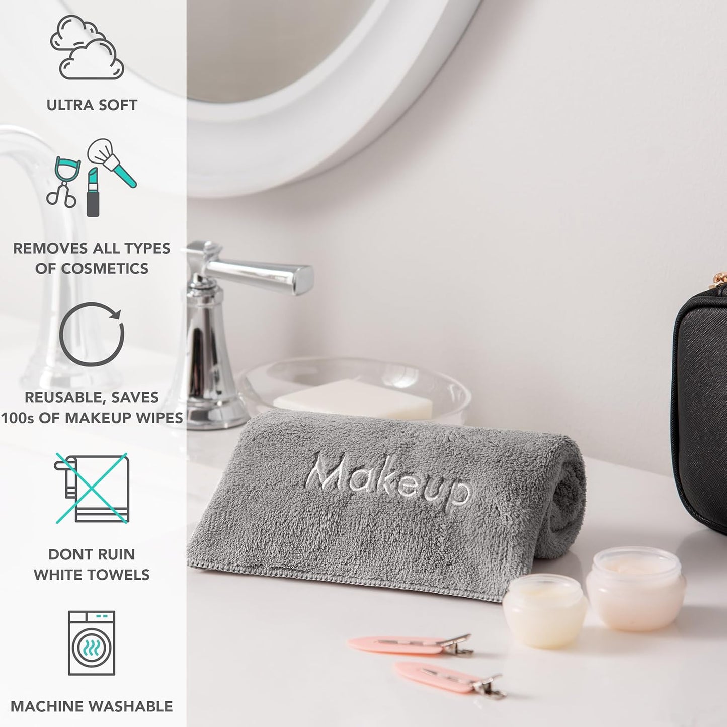 Arkwright Makeup Towels - Bulk Case of 108 - Ultra Soft & Gentle Microfiber Coral Fleece Washcloth Face Make Up Remover, Reusuable Eraser Cloth Essentials for Hosts & Artists, 13 x 13 in, Grey