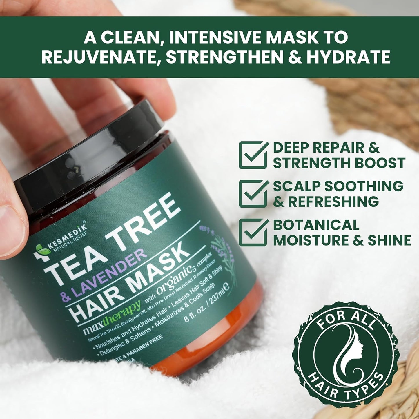 Pure Tea Tree Oil Hair Mask & Scalp Treatment, Deep Conditioner for Damaged & Dry Hair, Hydrates & Soothes Itchy, Scalp Psoriasis Relief, Men & Women, Paraben & Sulfates Free