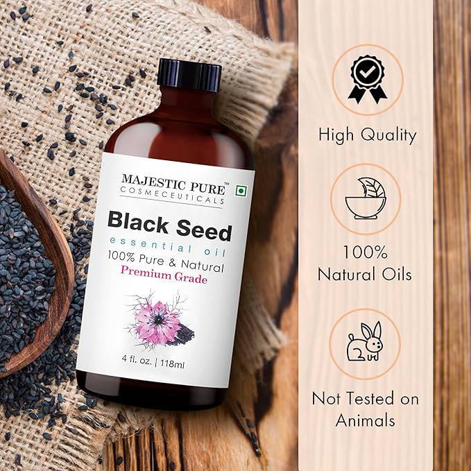 MAJESTIC PURE Black Seed Essential Oil | 100% Pure and Natural Black Seed Oil | Premium Grade Essential Oils for Hair Care, Home Diffusers, Skin, Aromatherapy, Massage and Humidifiers | 4 Fl Oz