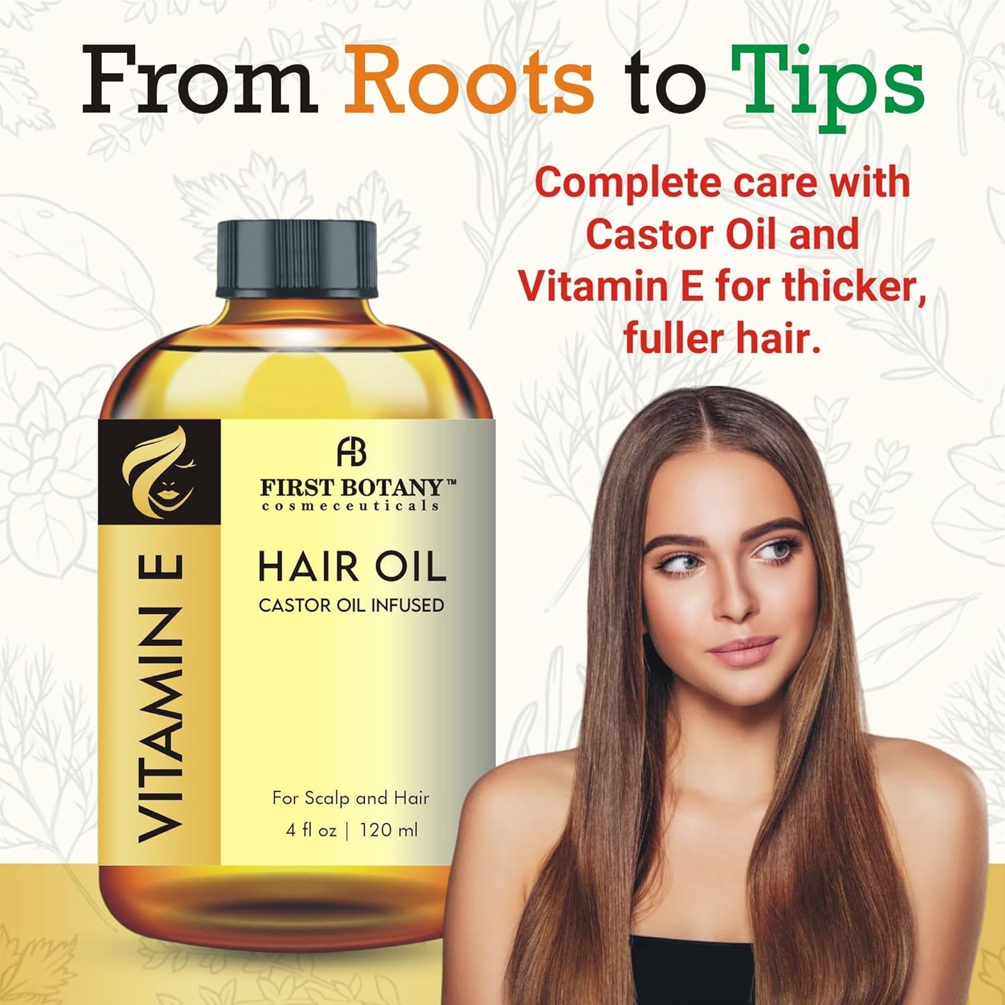 First Botany Vitamin E Castor Oil Encourages Hair Growth, Scalp & Hair Strengthening Serum, Nourishing Treatment for Split Ends, Dry Scalp, Safe for All Hair Types, 4 fl oz