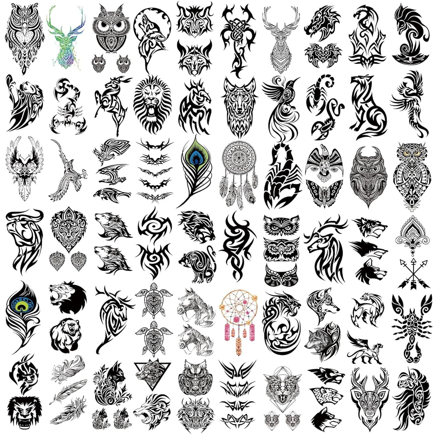 77 Sheets Temporary Tattoo, 17 Sheets Half Arm Black Tribal Lion Owl Wolf Turtle Deer Fake Body Arm Tattoos for Adults Men Women, 60 Sheets Tiny Tattoos Stickers for Boys Girls Kids Party Supplies