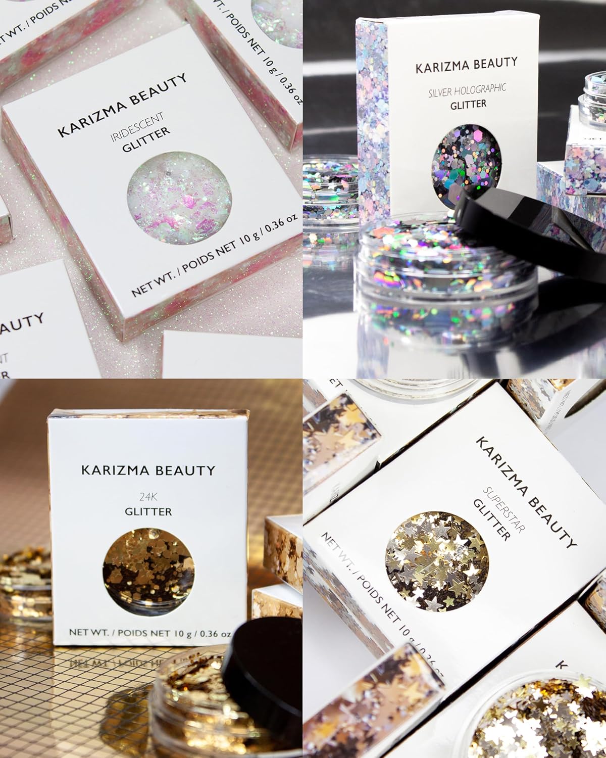 KARIZMA Metallic Glitter Pack! 4X 10g Chunky Face Glitter, Hair Glitter, Eye Glitter and Body Glitter for Women and Men. Rave Glitter, Festival Accessories and Cosmetic Glitter Makeup