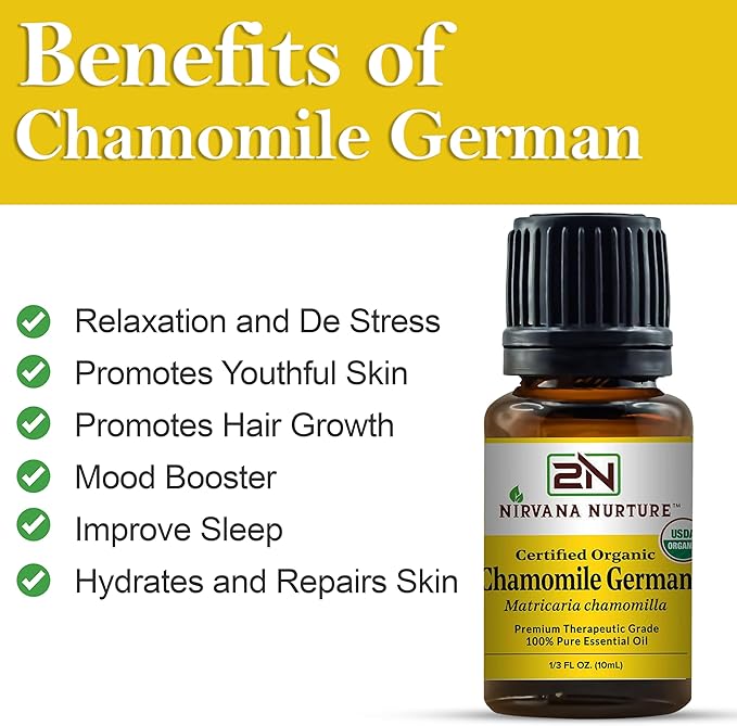 Chamomile German Essential Oil USDA Certified Organic 100% Pure Premium Therapeutic Grade, Undiluted - Aromatherapy Diffuser for Calm and Relaxation, Skin Care, Hair Care