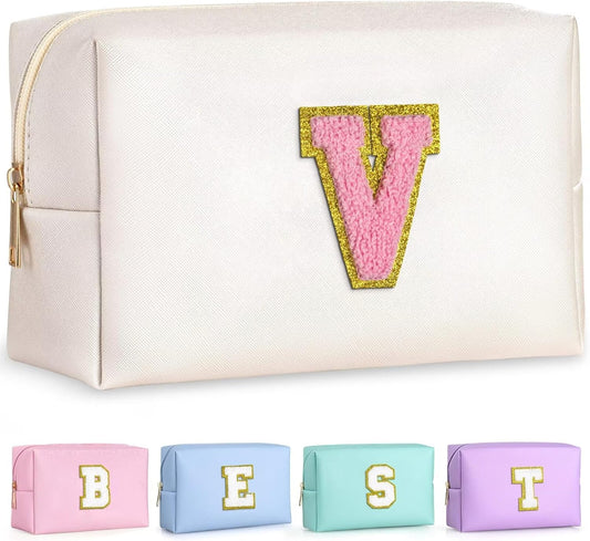 TOPEAST Initial Makeup Bags for Women, Personalized Portable Cosmetic Bag for Travel, Cute Makeup Pouch, PU Leather Waterproof Toiletry Bag, Preppy Things for Girl (Pearly White V)