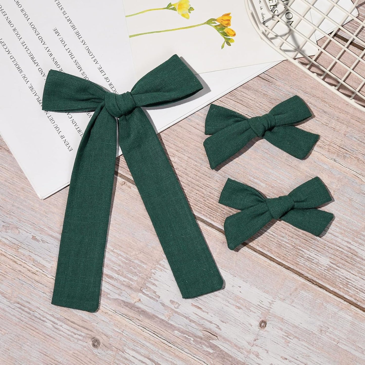 DEEKA Dark Green Cotton Linen Hair Bows 2 Sizes 5"&3.5" Soft Hair Bow set for Toddler Girls Long Ponytail Knot Bows Alligator Clip Hair Accessories for Little School Girls (Dark Green)