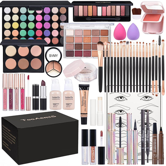 Makeup Set for Women Full Kit Includes, eyeshadow、 liquidfoundation,Loose powder,Eyebrow pencil,Lipstick Eye Pencil Makeup BrushesMakeup practice board 4-color lip gloss set
