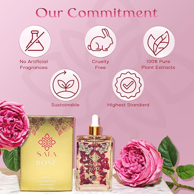 SAFA Rosé Oil - Organic Oil for Face, Body, Hair, Nails & Aromatherapy | Bulgarian Rose Essential Oil for Diffuser | After Shower Body Oil | Skin Moisturizer - 4 Fl Oz (1)