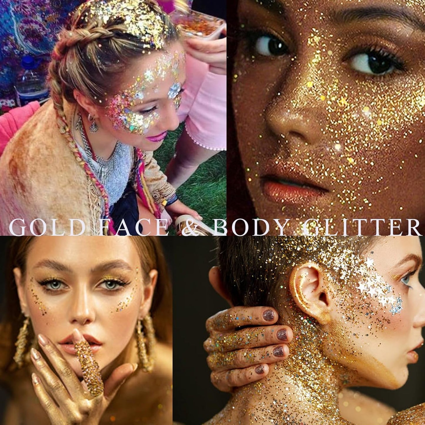 Gold Face Glitter Gel,Music Festival Yellow Body Glitter Singer Concerts Hair Glitter Sequins,Mardi Gras Outfits for Women,Sparkling Carnival Rave Accessories Decorations,50ML