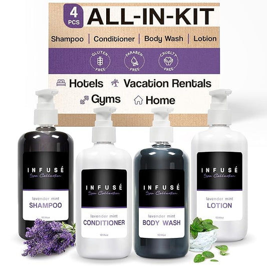 1-Shoppe Infuse Lavender Mint Spa Collection Amenities Set | 10.14 oz Pumps | Shampoo, Conditioner, Hand/Body Wash, Lotion