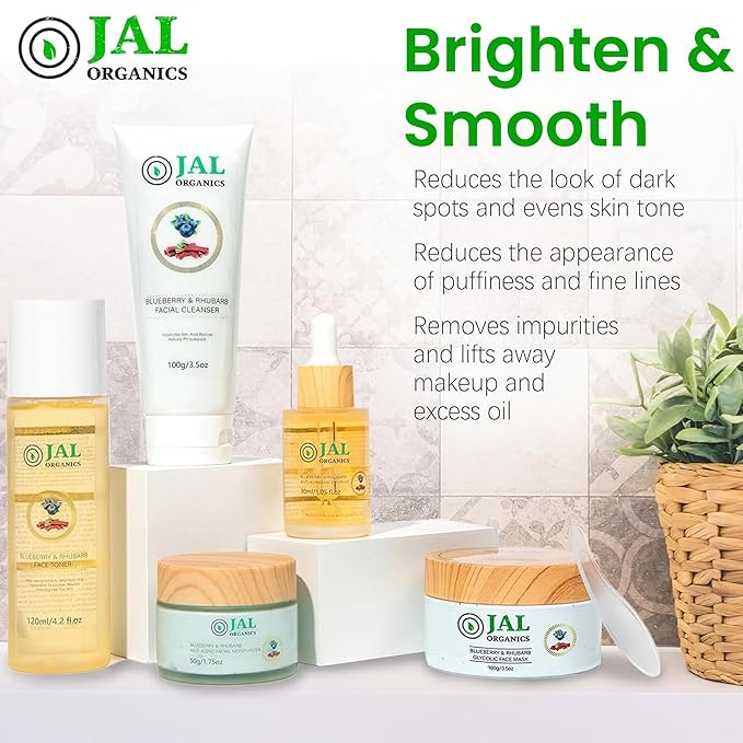 5 in 1 Blueberry & Rhubarb Korean Skin Care Set, Face Moisturizer, Glycolic Clay Face Mask, Serum, Cleanser & Toner for All Skin Types, Anti Aging Skin Care Sets & Kits, Facial Routine Kit for Women