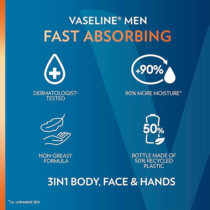 Vaseline Men's Healing Moisture Hand & Body Lotion For Dry or Cracked Skin Fast Absorbing Non-Greasy Lotion for Men 20.3 oz, Pack of 3