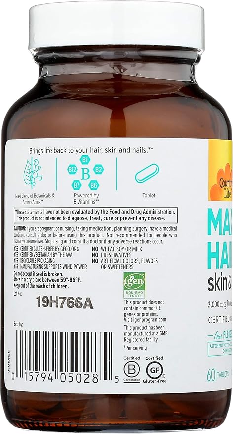 Country Life Maxi-Hair Supplement - 2000mcg Biotin & Vitamins for Hair, Skin & Nails - Certified Gluten-Free & Vegetarian - Supports Hair Growth, 60 Tablets