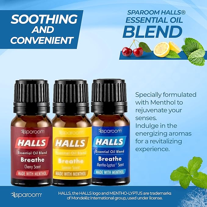 Halls Breathe Menthol with 100% Pure Essential Oils Blend for Diffusers and Aromatherapy, 10 mL, Mentho-Lyptus, Cherry and Lemon, Set of 3