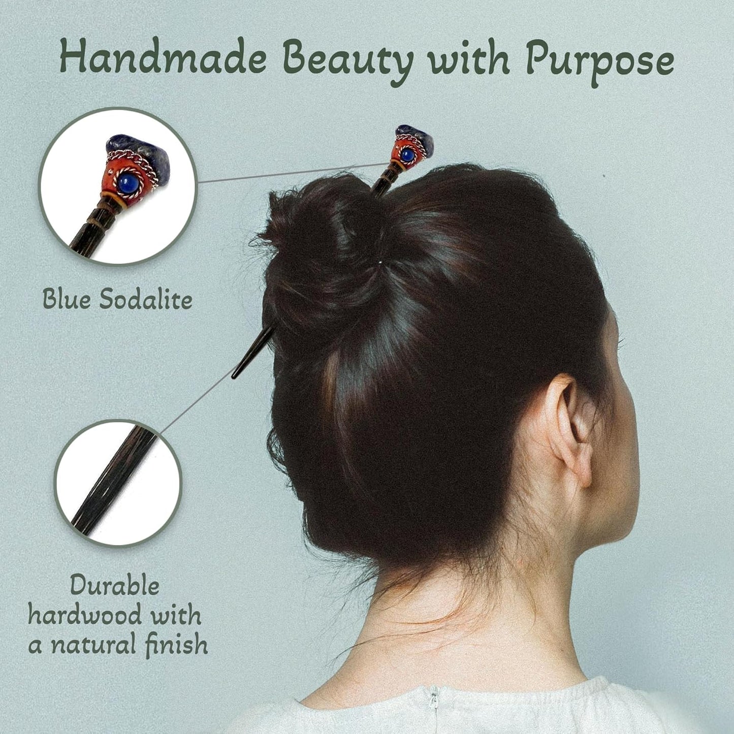 Mia Jewel Shop - Natural Tumbled Healing Gemstone Crystal Chonta Wooden Hair Sticks – Handmade Hair Sticks for Women | Hair Pins Boho Reiki Accessories, Fashion Gifts (Blue Sodalite)