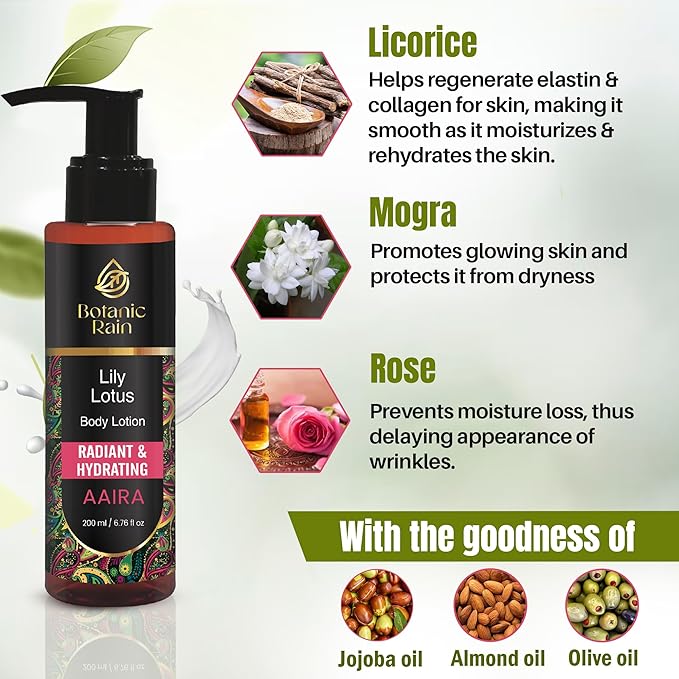 Organic Body Lotion For Crepey Skin Repair For Women, Natural Moisturizer With Lily & Lotus, Vegan and Ayurveda Products 6.76 fl oz (Pack of 2)