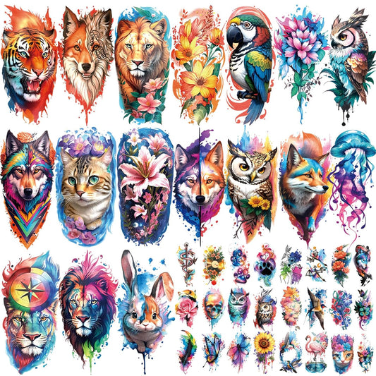77 Sheets Temporary Tattoo, 17 Sheets Half Arm Flower Lion Tiger Cat Owl Parrot Waterproof Fake Tattoos for Adults Shoulder Neck, 60 Sheets Tiny Realistic Tattoo Sticker for Women Girls and Kids