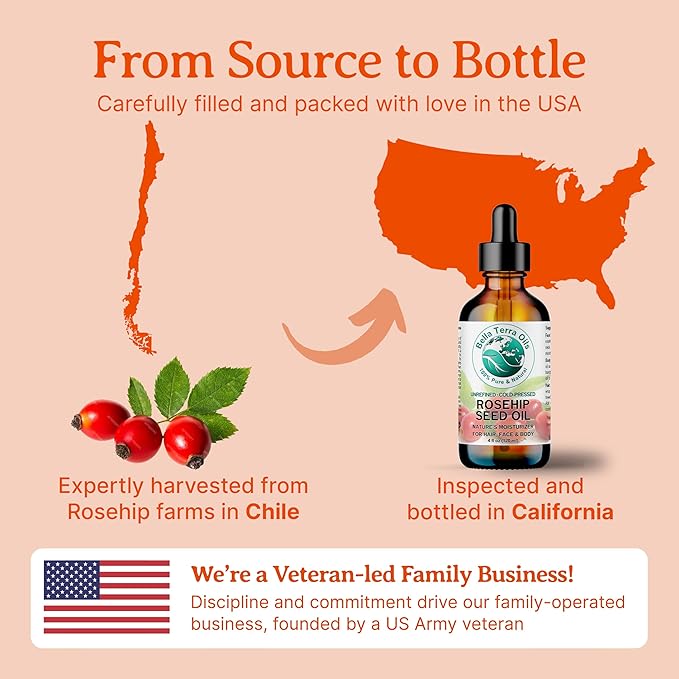 Bella Terra Oils - Organic Rosehip Seed Oil 2 oz - Cold-Pressed Elixir, Rich in Vitamin A, C, & E, Linoleic & Alpha-Linolenic Acid, Perfect Facial Emollient