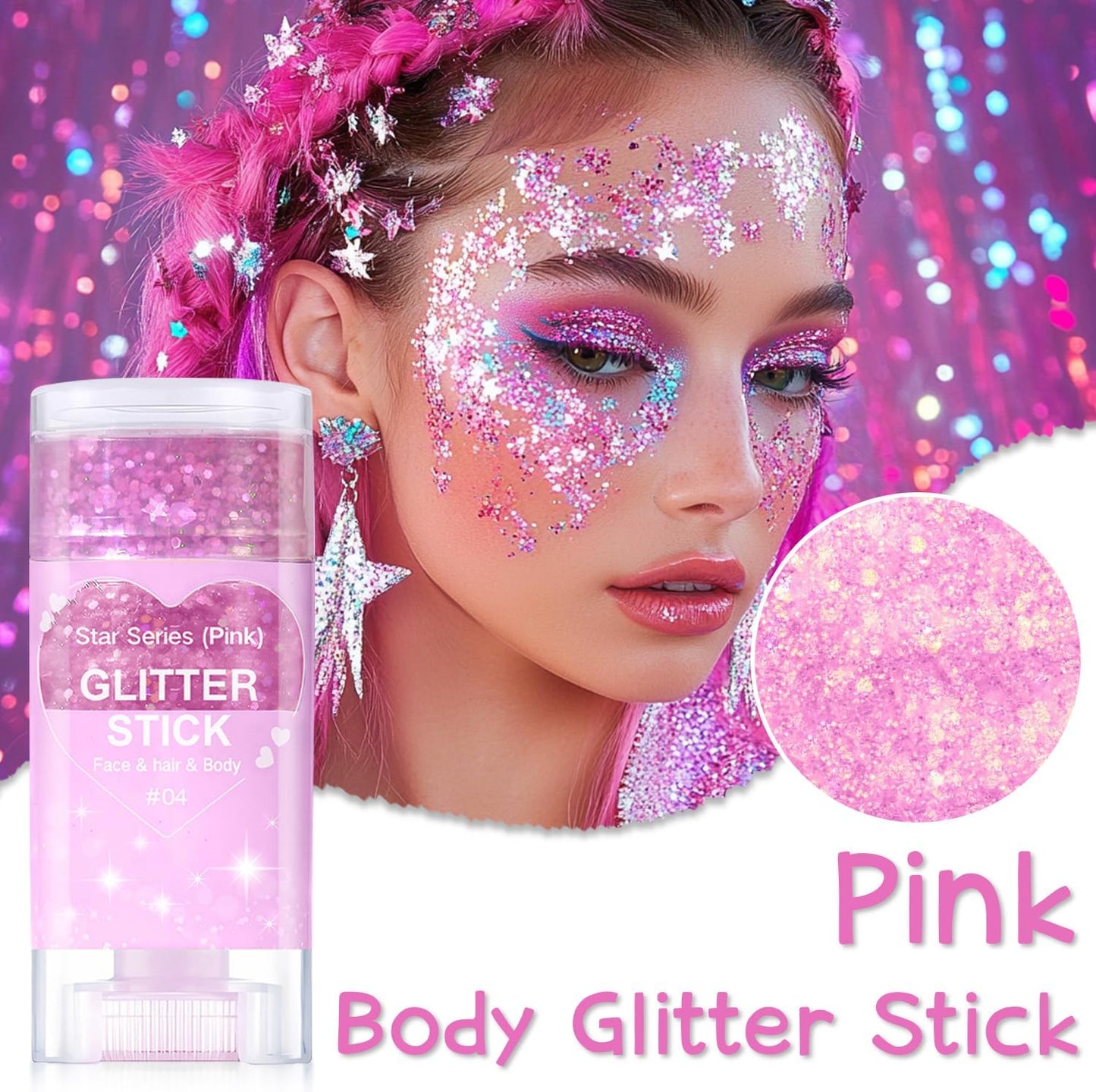 Halloween Body Glitter Stick, Waterproof Halloween Face Glitter Gel, Chunky Glitter Face Paint, Orange Purple Black Sequin Hair Glitter Makeup for Women and Kid (Pink)