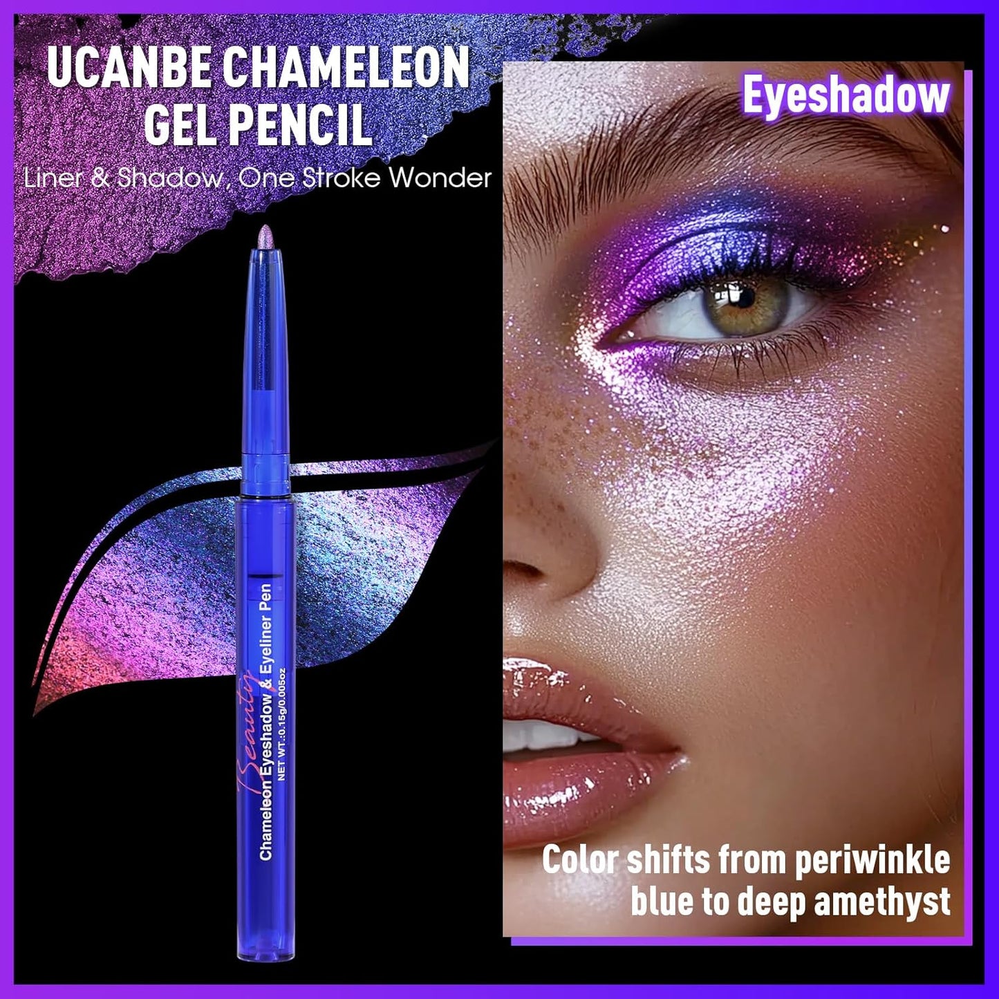 UCANBE Chameleon Eyeshadow & Eyeliner Gel Pencil-Multichrome Shifting Colors Metallic Glitter Eye Makeup,Waterproof Long-Lasting Smudge-Proof Multi-Dimensional Color (Periwinkle Blue to Deep Amethyst)