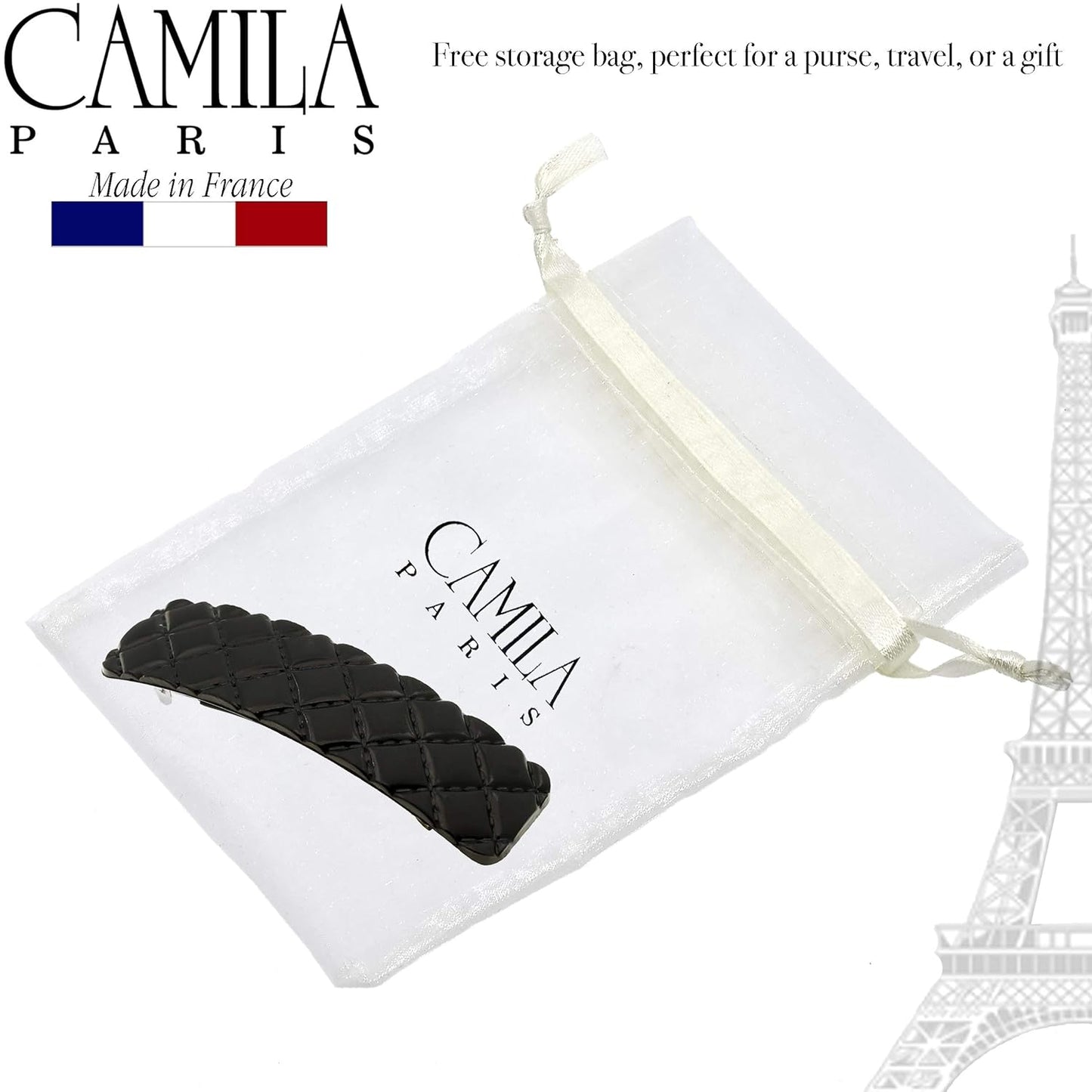 Camila Paris CP2650 French Hair Barrette Clip for Girls, Black, Rubberized Metal Closure Strong Hold Grip Hair Clips for Women, No Slip and Durable Styling Girls Hair Accessories, Made in France