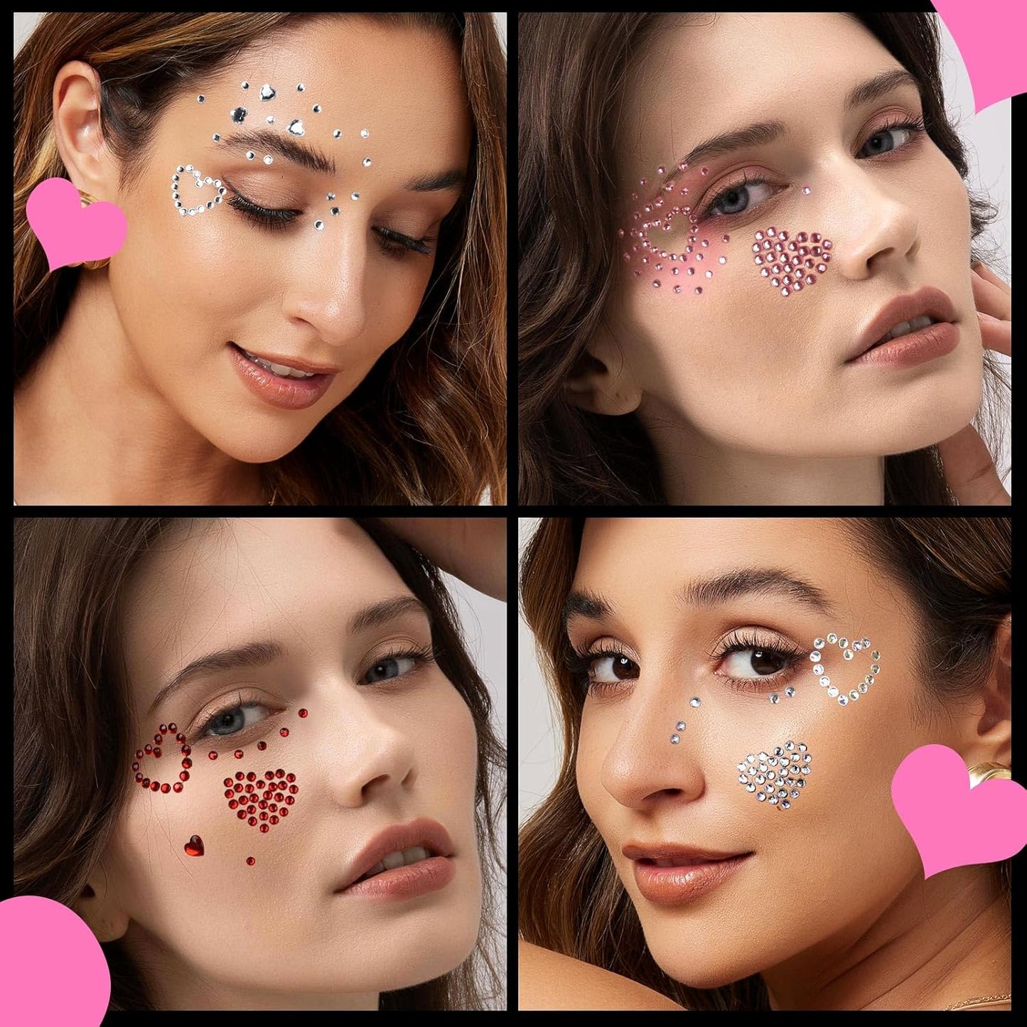 YGDZ Face Gems 5 Sheets Hair Gems, Self Adhesive Face Jewels Stickers, Heart Festival Face Gems Stick on, Rhinestone stickers for Face, Eye, Makeup, Rave Accessories for Kids, Women