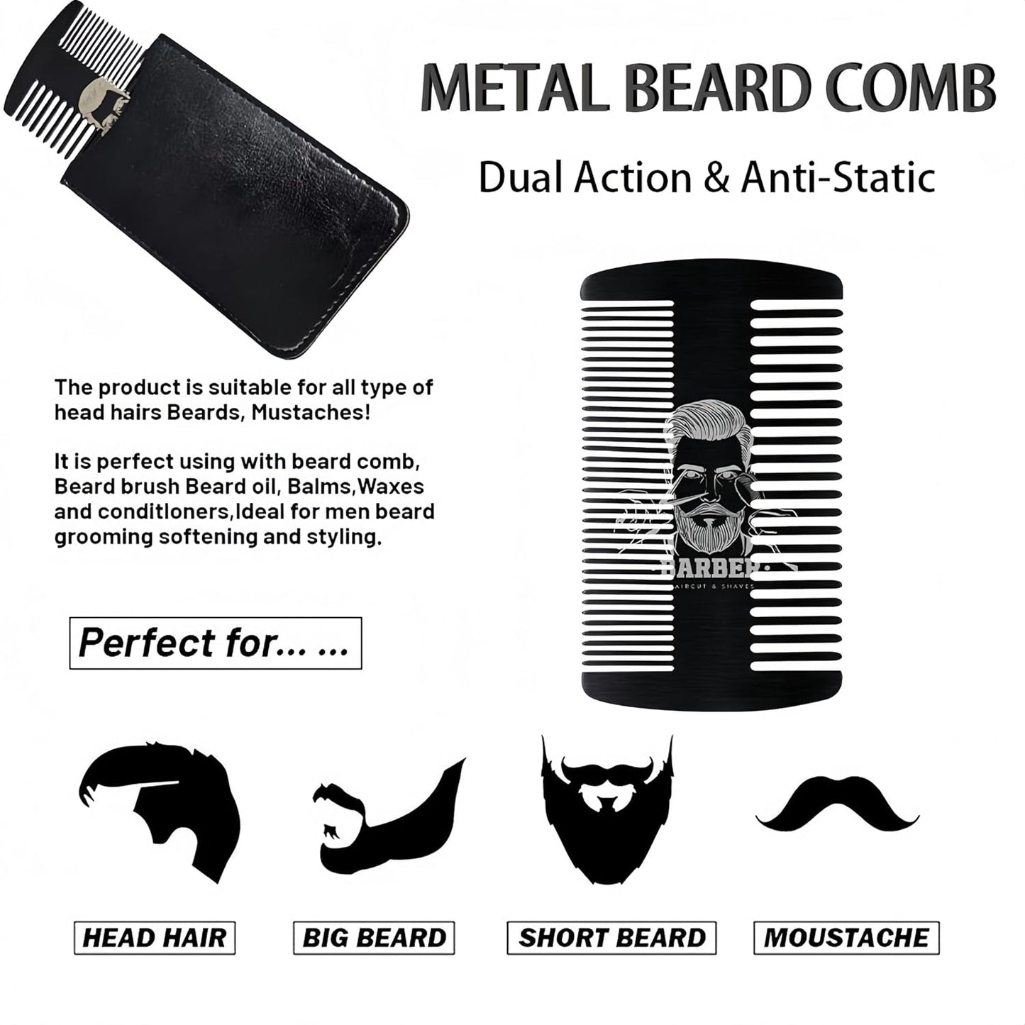 Metal Beard & Mustache Comb for Men - Anti-Static Dual Action - Credit Card Size Stainless Steel EDC Comb, Lice Wallet Pocket, Fine Cutting Teasing Barber Hair Styling - Black