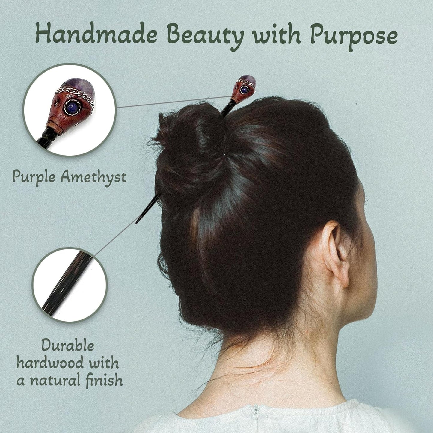 Mia Jewel Shop - Natural Tumbled Healing Gemstone Crystal Chonta Wooden Hair Sticks – Handmade Hair Sticks for Women | Hair Pins Boho Reiki Accessories, Fashion Gifts (Purple Amethyst)