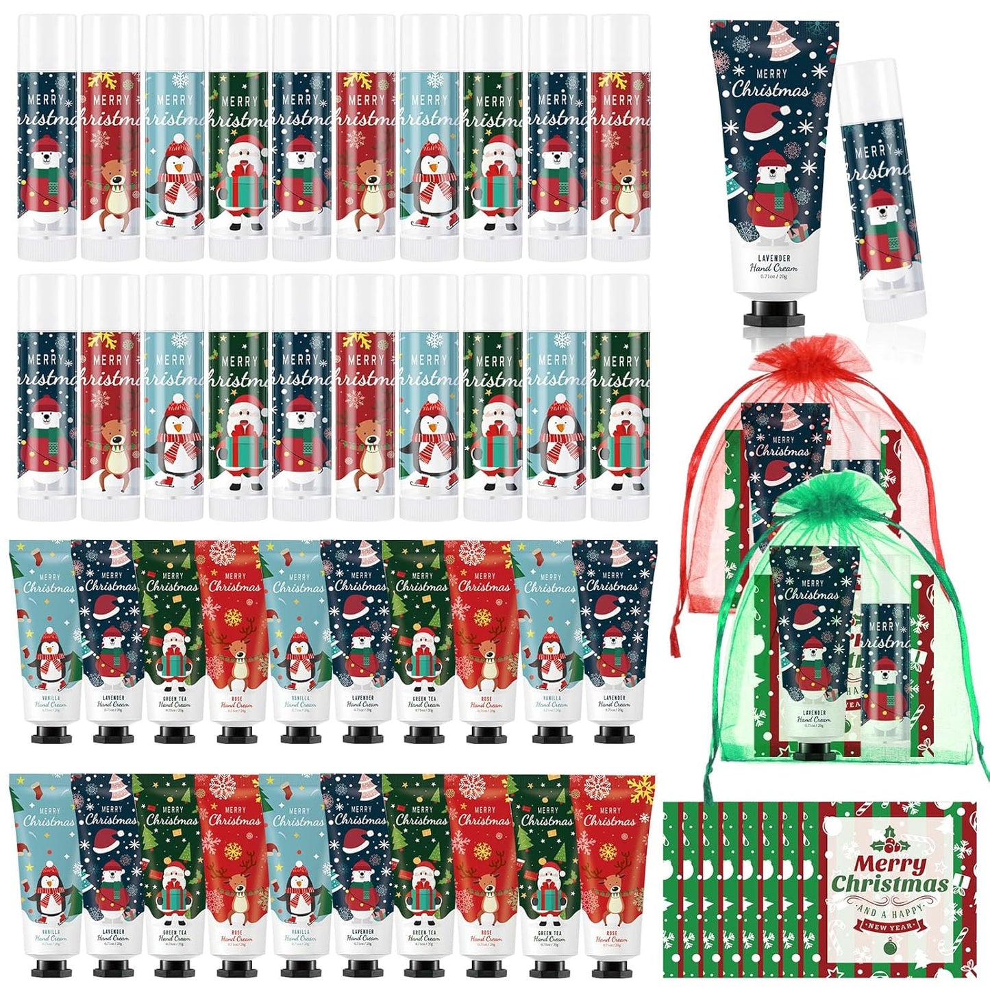24 Set Christmas Hand Cream Gift Set, Including Moisturizing Christmas Hand Lotion, Xmas Lip Balm, Gauze Bags, Thank You Cards Natural Fragrant Xmas Cream with Lip Balm Gifts