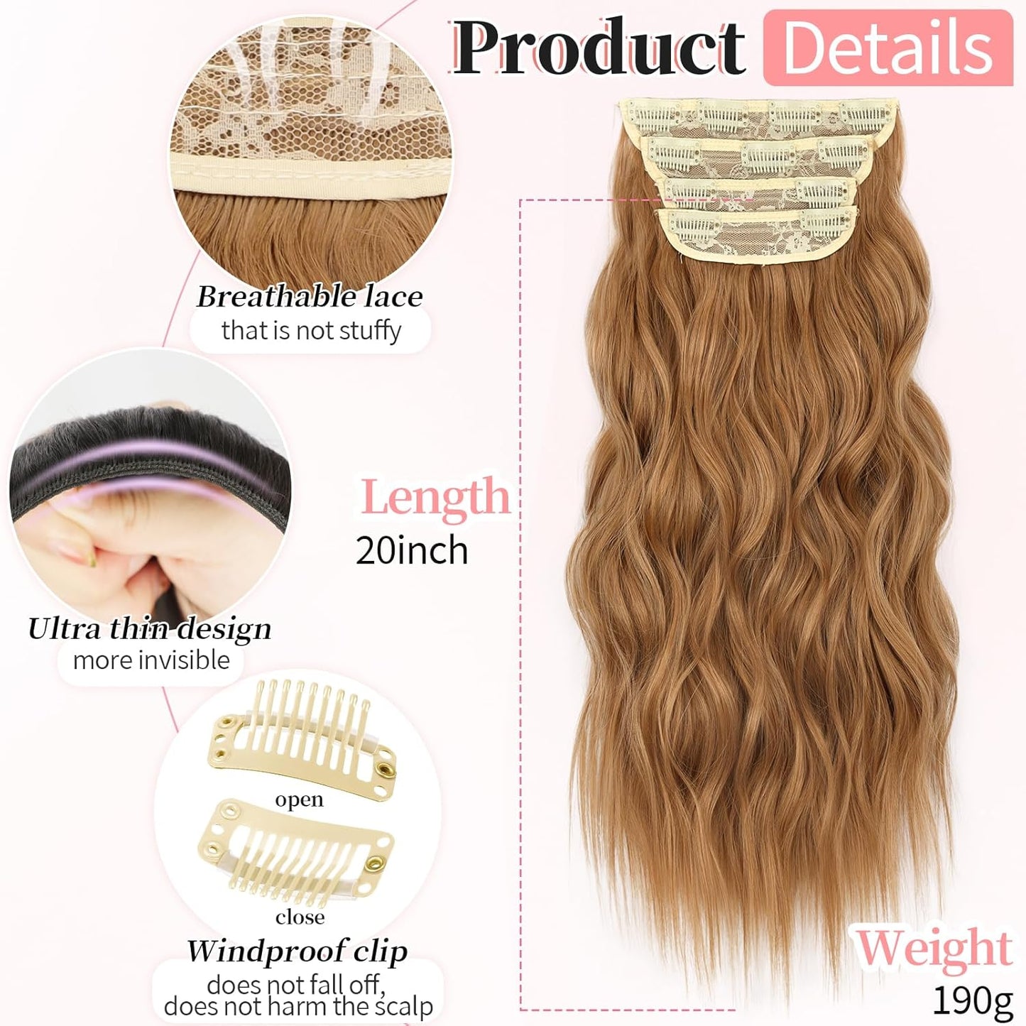 KooKaStyle Clip in Synthetic Hair Extensions Long Wavy 4PCS Thick Hairpieces Auburn Brown Fiber Double Weft Natural Hair Extensions 20 Inch for Women