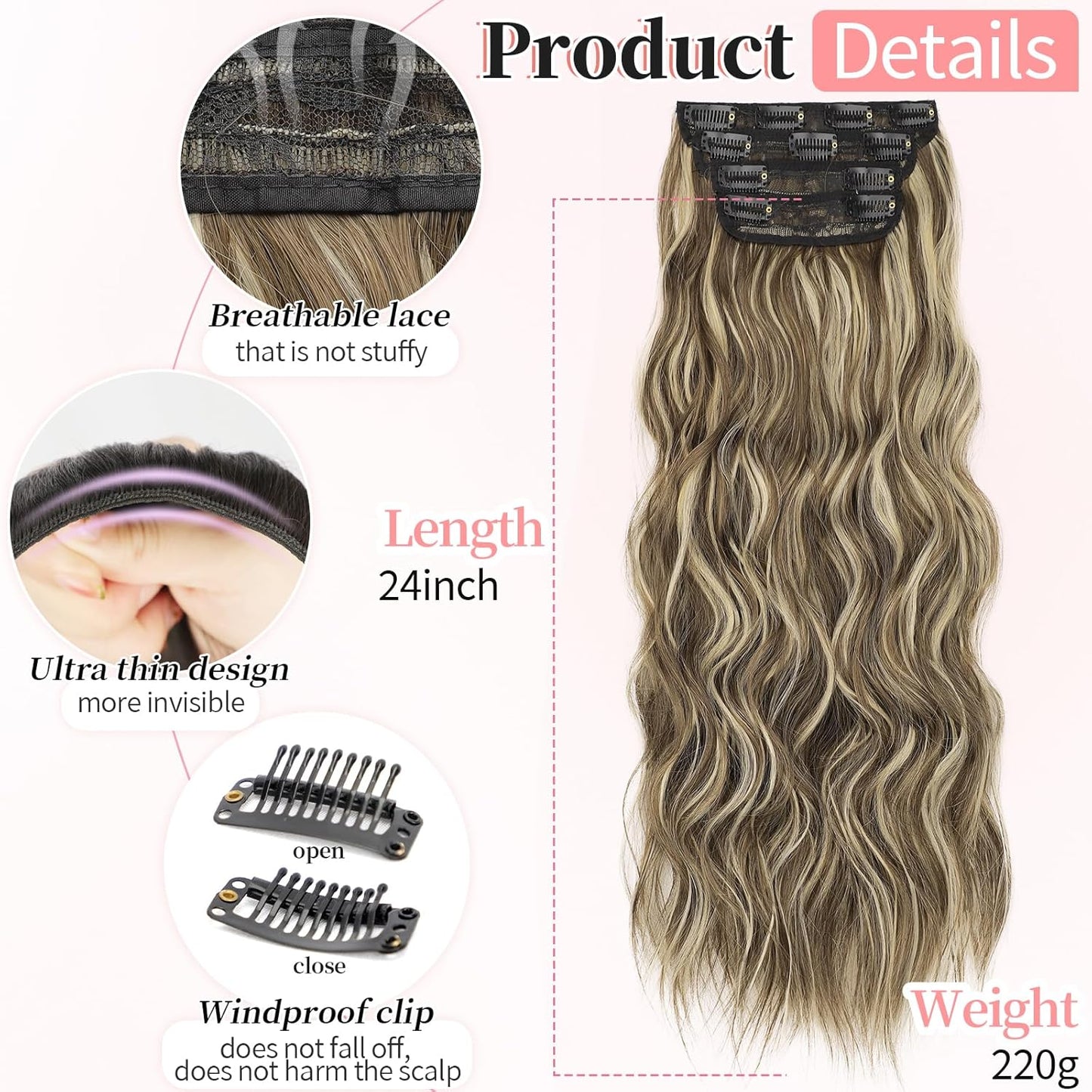 KooKaStyle Clip in Synthetic Highlight Hair Extensions Long Wavy 4PCS Thick Hairpieces Medium Brown Ash Blonde Fiber Double Weft Natural 24 Inch for Women