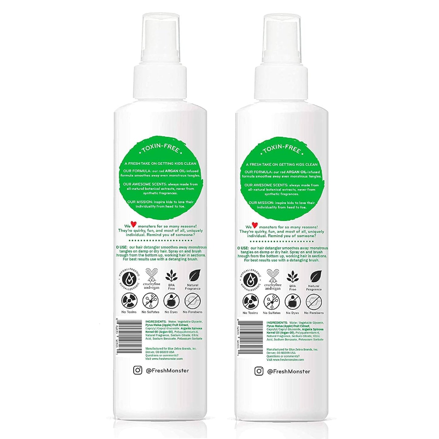 Fresh Monster Kids Detangler Spray, Toxin-Free, Hypoallergenic & Natural, Hair Conditioning Spray for Kids, Coconut (2 Pack, 8.5oz/each)
