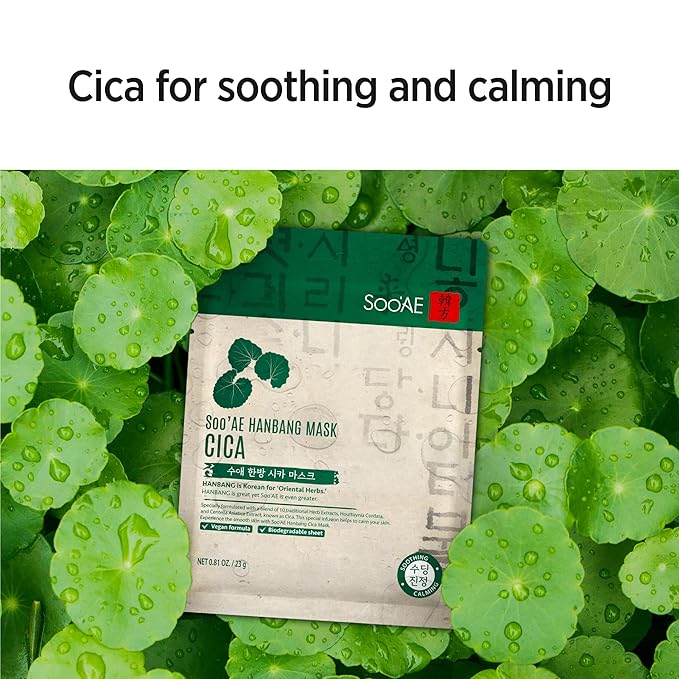 Soo'AE Hanbang Mask Cica [12 Count] Best For Dry & Dehydrated Skin, Vegan, 10 Traditional Herb Extracts, Soothing & Calming, Premium Quality, Korean Skincare, Self Home Care, 12 Value Pack