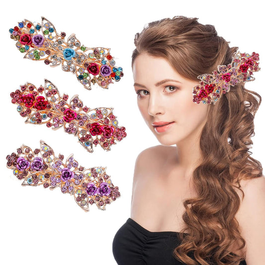3 Pcs A Set Wedding Metal Flower Barrettes for Women Sparkly Glitter Rhinestones Hair Clip Flower Hairpin Hair Accessoires 8cm, 2-Rose Multicolor A