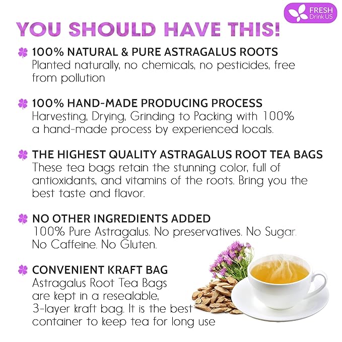 FreshDrinkUS, Premium 75 Astragalus Root Tea Bags, 100% Natural & Pure from Astragalus Root. Astragalus Root Herbal Tea. Made with Natural Material Tea Bags. No Sugar, No Caffeine, No Gluten, Vegan.
