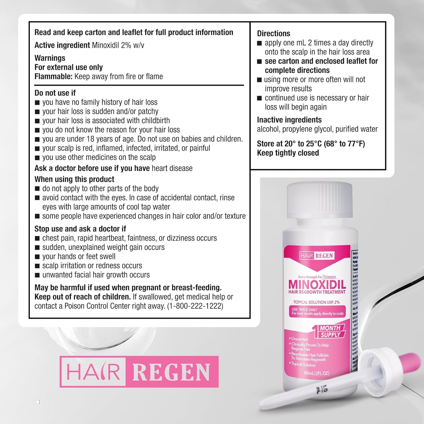 Minoxidil For Women 2% Hair Regrowth Treatment for Women, 1-Month Supply, Unscented, 2 fl oz