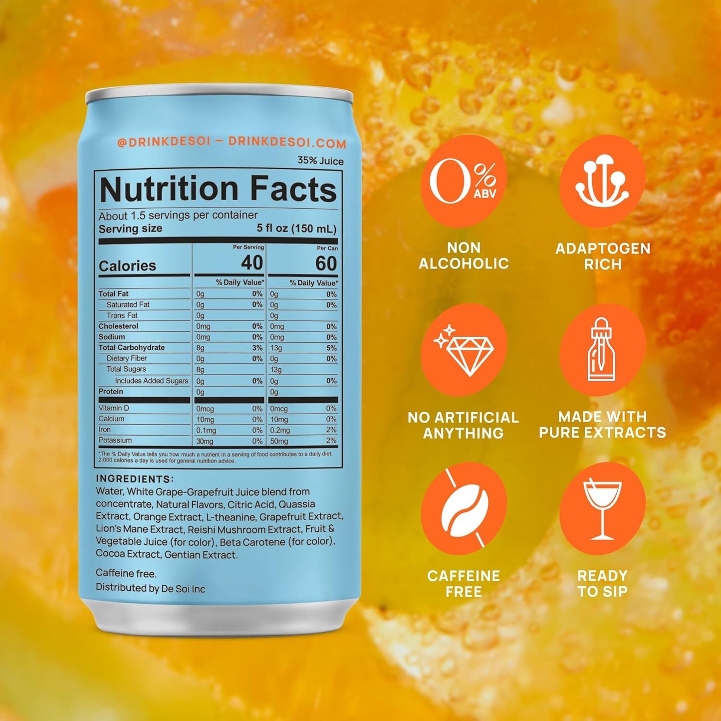 De Soi Spritz Italiano Mocktails NA Drinks 8 fl oz (12-pack) - Adaptogen Drink, Sparkling Drink with Calming Botanicals, Mocktail Drinks, Gluten Free, No Artificial Flavors