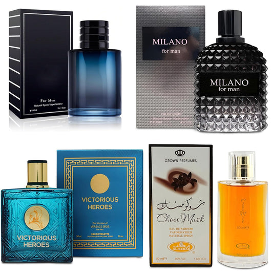 4-Piece Cologne for Men Includes Choco Musk/SE/Victorious Heroes/Milano Scent of Woody, Spicy, Citrus & Aromatic eau de parfum Men Gift Set Each 100Ml for Daily Use