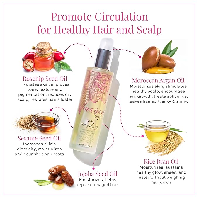 Maison 276 No. 8 Botaniques Multi-Purpose Moroccan Oil Moisturizer for Face, Body & Hair, After Bath & Shower Body Oil For Women & Men, Paraben Free, Sulfate Free, 4 Fl Oz