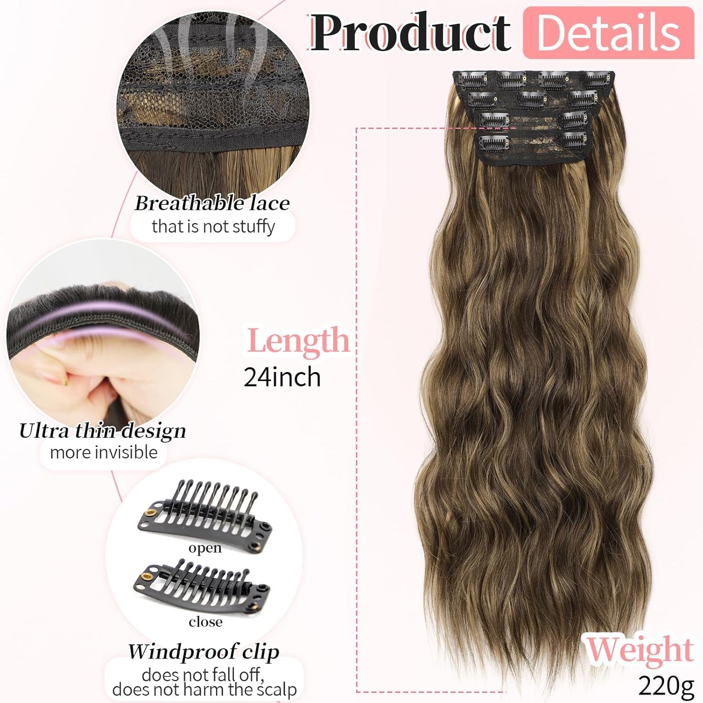 KooKaStyle Clip in Synthetic Hair Extensions Long Wavy 4PCS Thick Hairpieces Balayage Chocolate Brown to Caramel Blonde 10H26 Fiber Double Weft Natural Hair Extensions 24 Inch for Women
