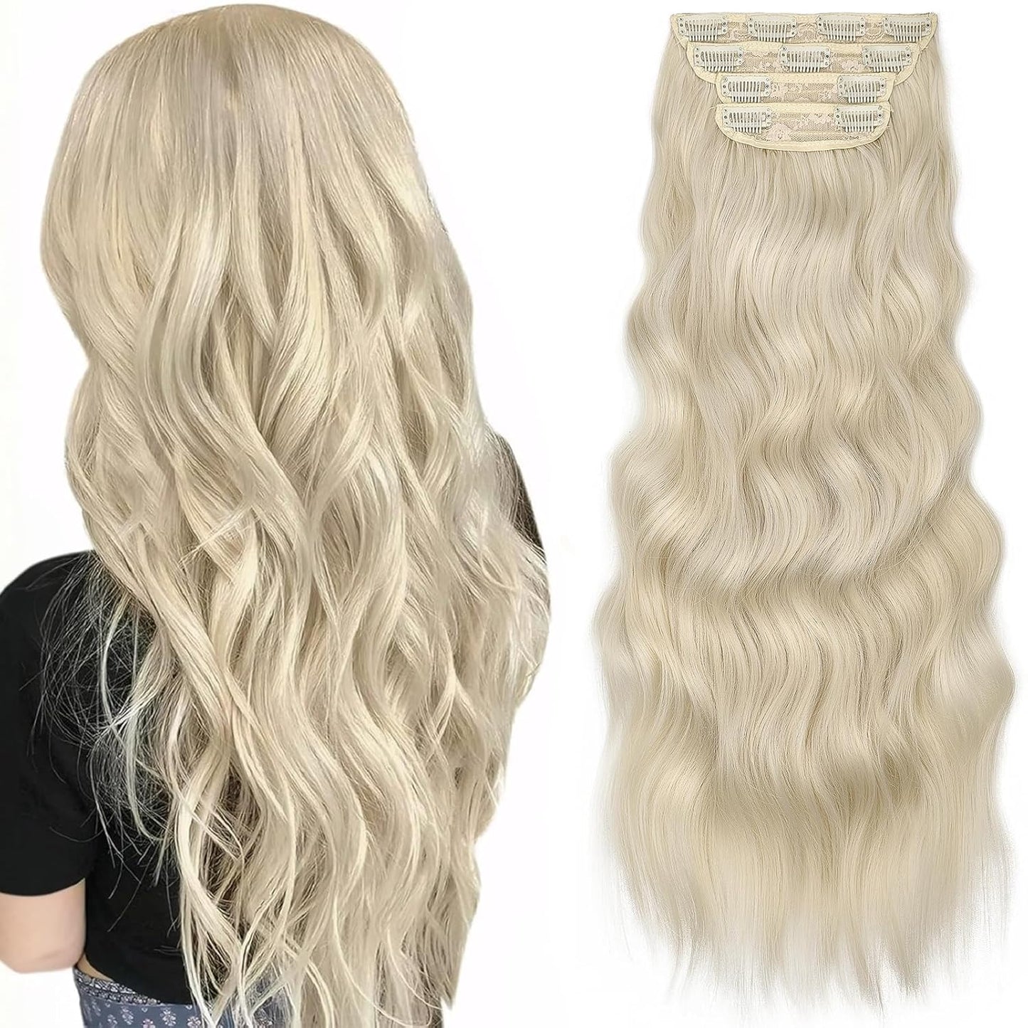 KooKaStyle Clip in Synthetic Hair Extensions Long Wavy 4PCS Thick Hairpieces Platinum Blonde Fiber Double Weft Natural Hair Extensions 24 Inch for Women