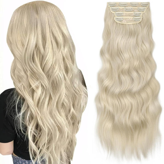 KooKaStyle Clip in Synthetic Hair Extensions Long Wavy 4PCS Thick Hairpieces Platinum Blonde Fiber Double Weft Natural Hair Extensions 24 Inch for Women