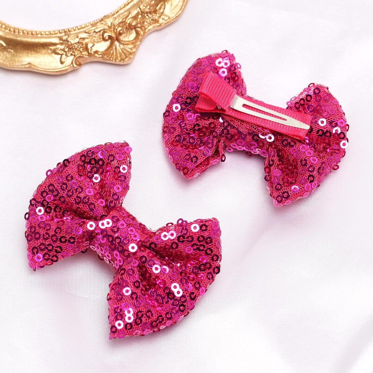 KISZU 3 Inch Glitter Hair Bows Clips, Sparkling Sequin Little Bow HairPins for Baby Girls Children Teens and Women (Rose Red)