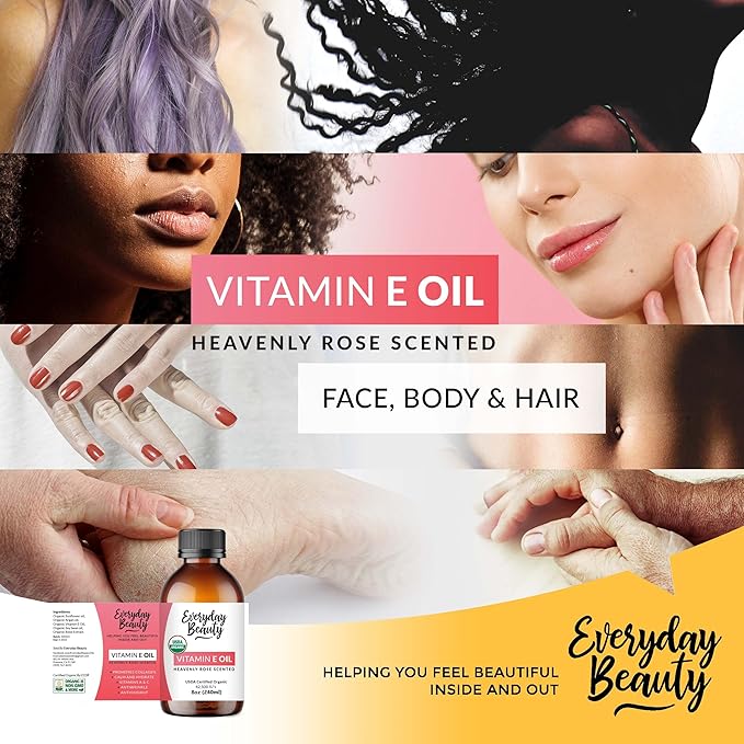 Organic Vitamin E Oil - Heavenly Rose Scented USDA Certified 100% All Natural Plant Based 8oz - Light and Rose Scented Great for Scars After Surgery - For Face, Skin and Nails