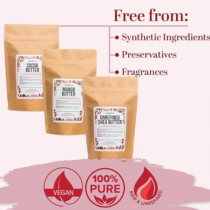 Better Shea Butter Set of Raw Shea Butter, Raw Mango Butter, Unrefined Cocoa Butter For Soap Making and DIY Body Butters, Lip Balms, Body Lotions - Each Jar is 8 oz Making 24 oz Total (3-Bar Set)