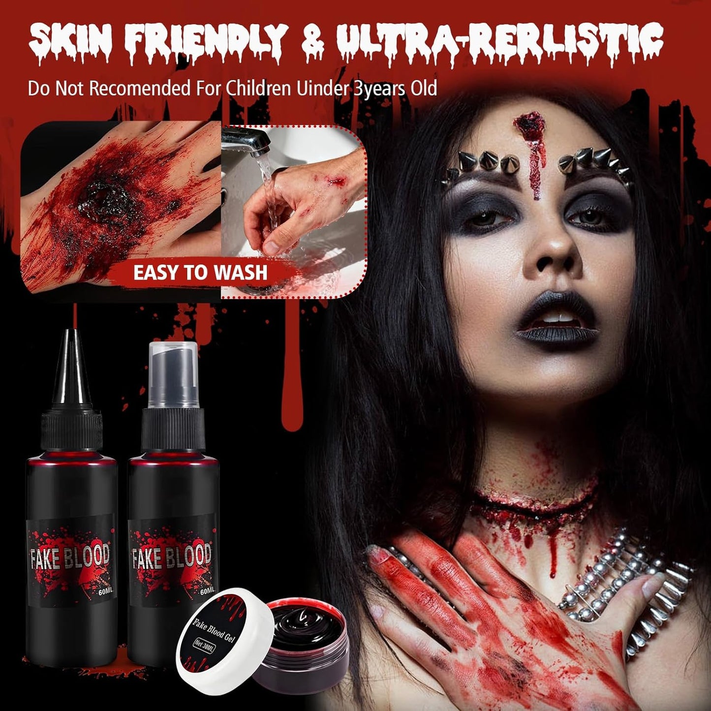 Fake Blood, Halloween Fake Blood Makeup Kit, 2.03oz Fake Blood Spray, Dripping Blood, Halloween Fake Blood Makeup, for Zombie Vampire Cosplay Monster Mouth Clothes Dress Up(3PCS)