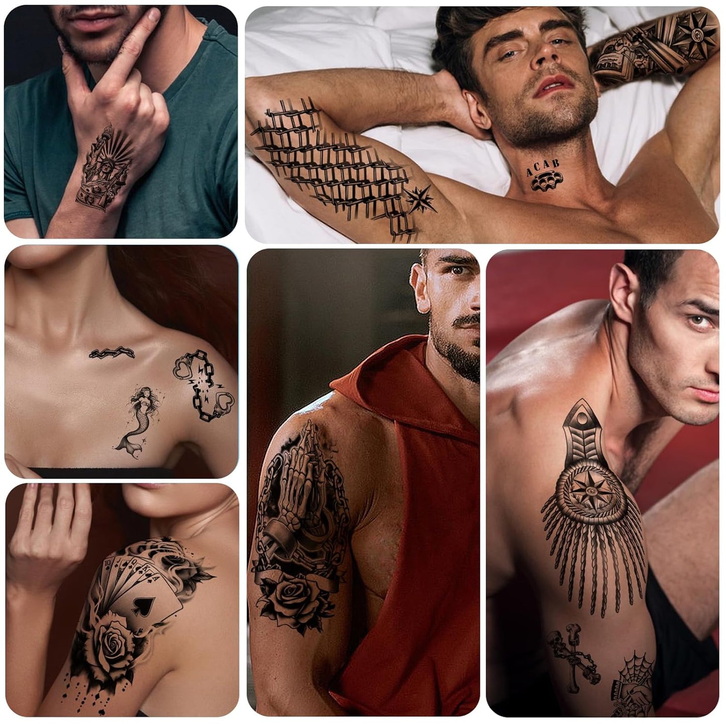 77 Sheets Temporary Tattoo For Men Women, Black Scary Skull Skeleton Knife Rose Temporary Tattoos For Adults Neck Arm Thigh, Small Mermaid Angle Clown Fake Tattoo Sticker For Boys Girls Tatoos