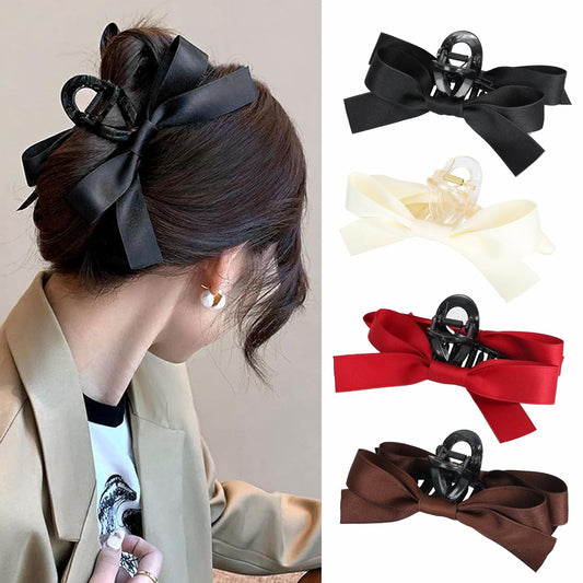 FAELBATY Silky Satin Hair Claw Clips with Big Bows - Non-Slip Claw Clips for Thin or Thick Hair, Gift Set for Women and Girls, Wedding Bridesmaids - 4 PCS