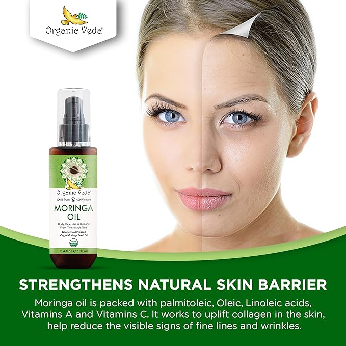 Organic Veda Moringa Oil - USDA Cold Pressed Virgin Moringa Seed Oil - 100% Pure Moringa Skin Care Oil Moisturizer for Face, Nails, Foot, Body & Hair - Unrefined, Vegan & Gluten Free - 3.4 fl oz