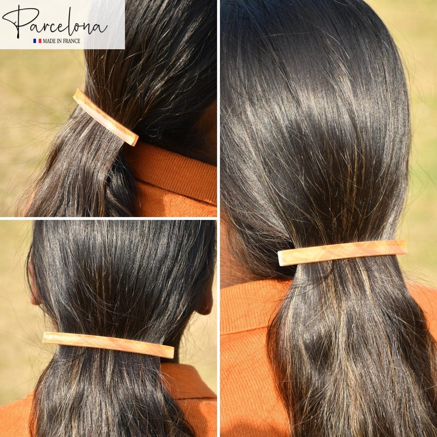 Parcelona French Long and Thin Large 4" Beige Brown Celluloid Automatic Hair Clip for Girls Strong Hold No Slip Grip Hair Claw Clips for Women, Made in France